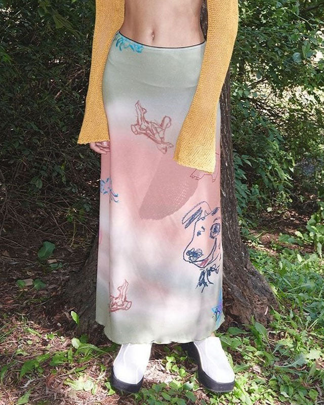 Cartoon print color gradient skirt - Fashionpara