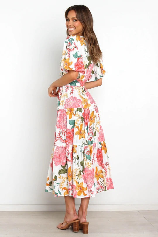 Floral Print V-Neck Flutter Sleeve Tiered Midi Dress 4