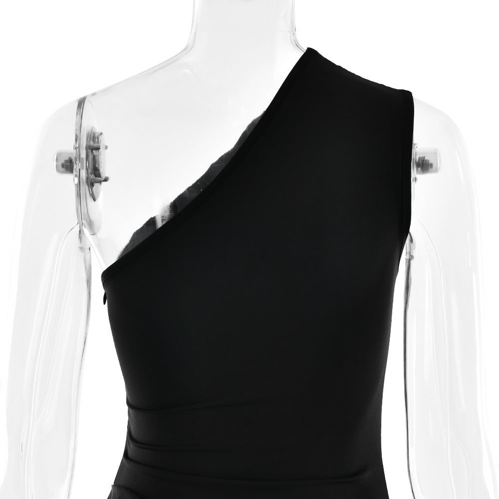 One-Shoulder Ruched Satin Bias Column Maxi Dress 14