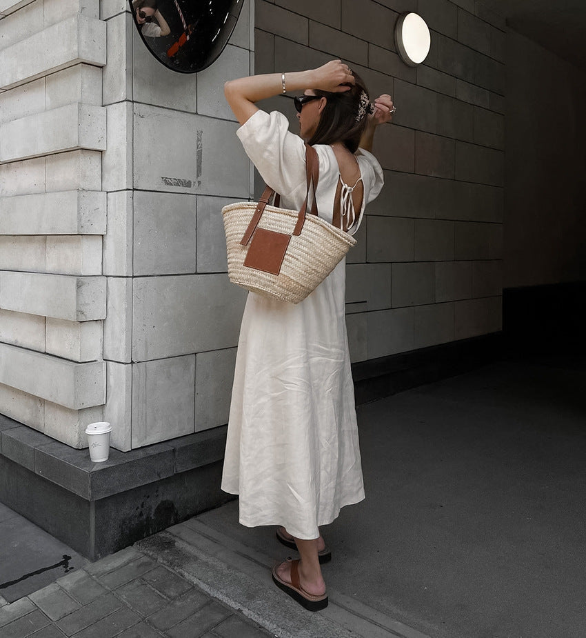 Linen V-Neck Button-Front Puff-Sleeve Midi Dress 4