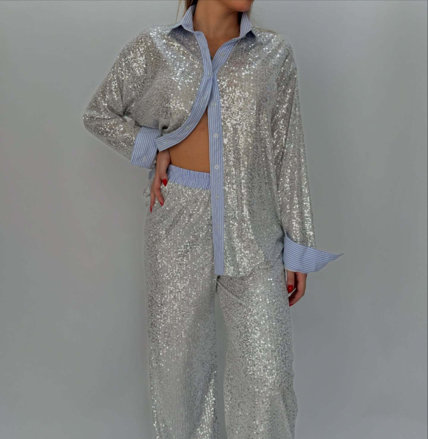 Sequined Two-Piece Suit Jacket and Wide-Leg Pants Set