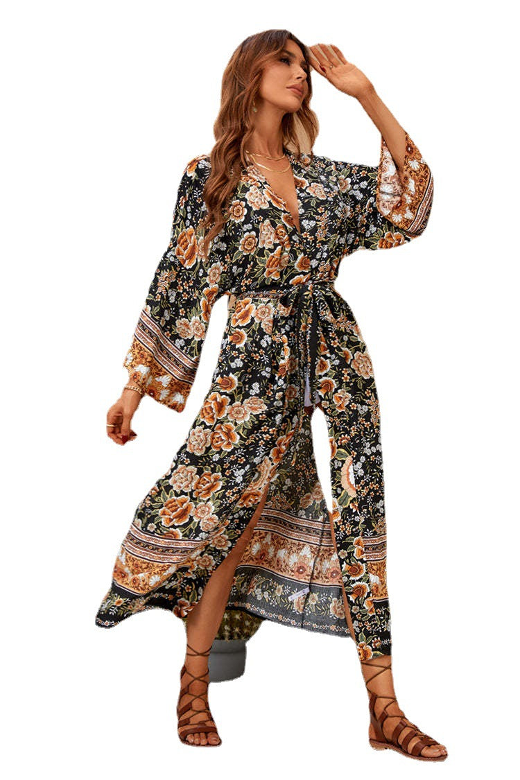 Floral Print Long Sleeve Button Front Kimono Maxi Dress