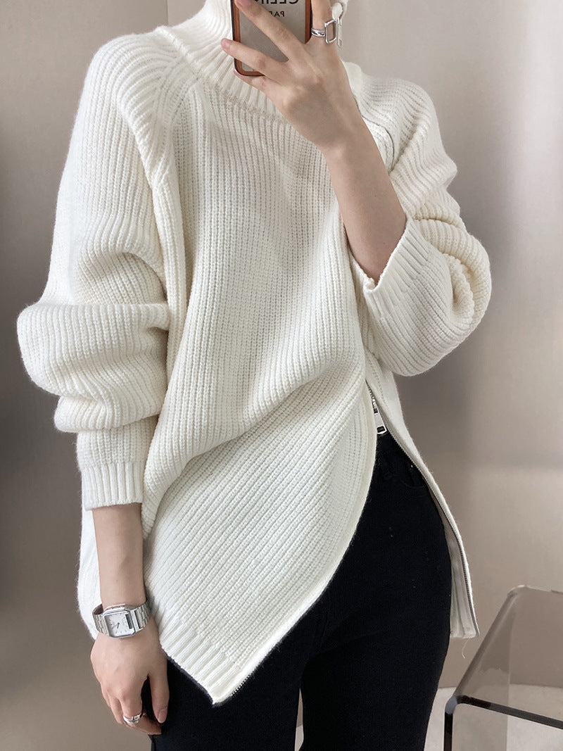ShoptheCIC Solid Color Turtleneck Knit Sweater with Zip