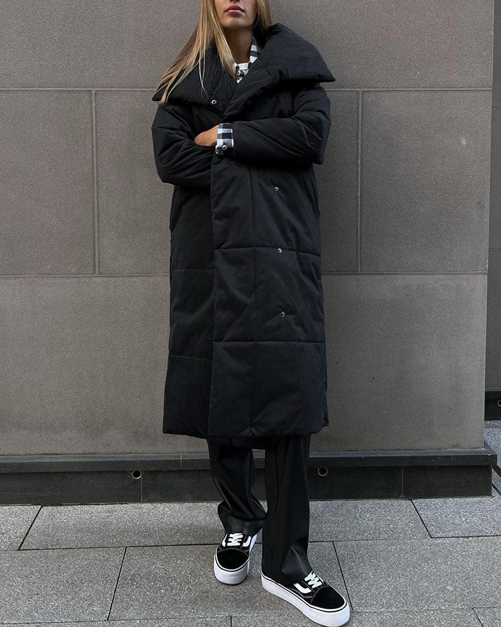 Elegant Long Cotton Coat with Large Lapel and Belt