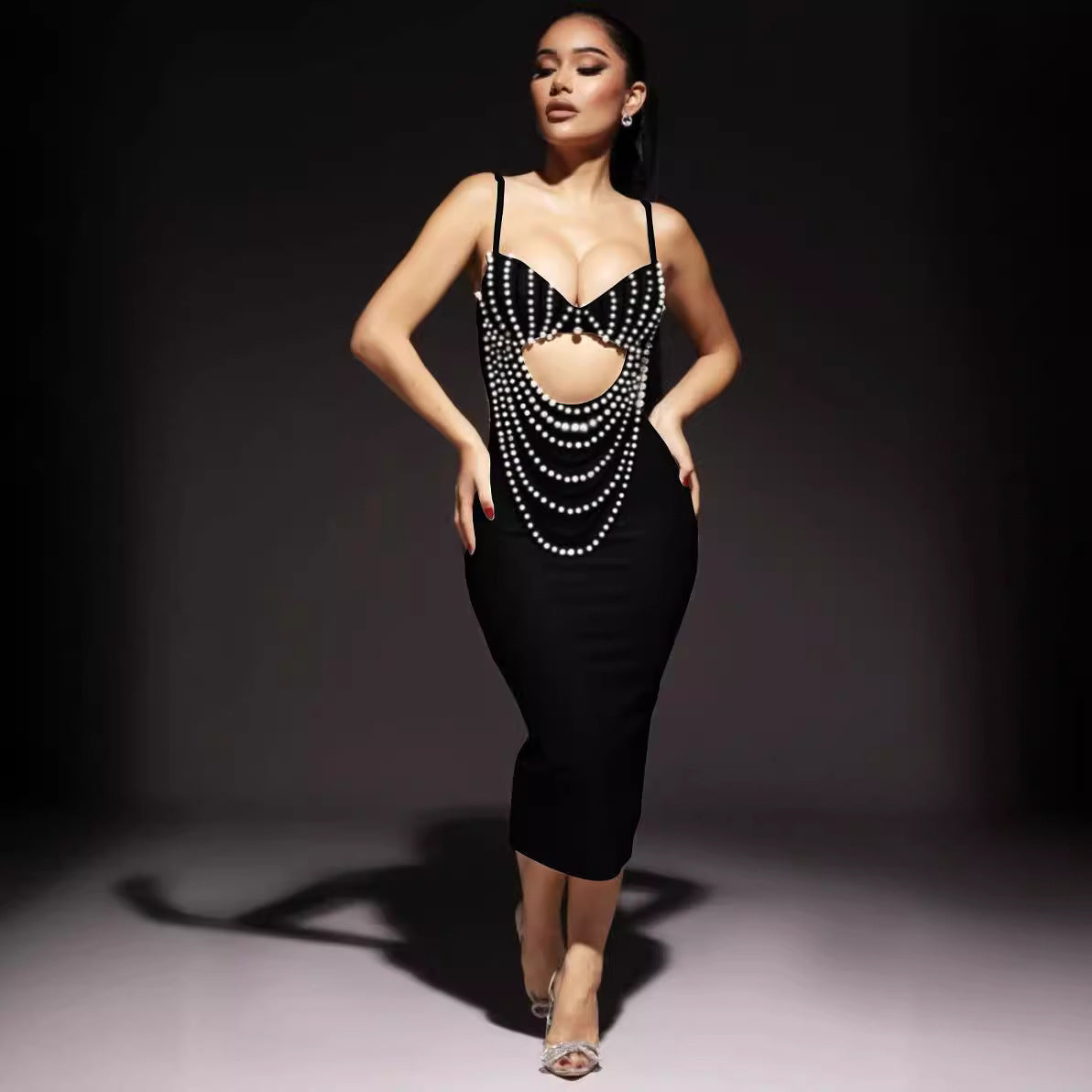 Pearl Embellished Cutout Bodycon Midi Dress