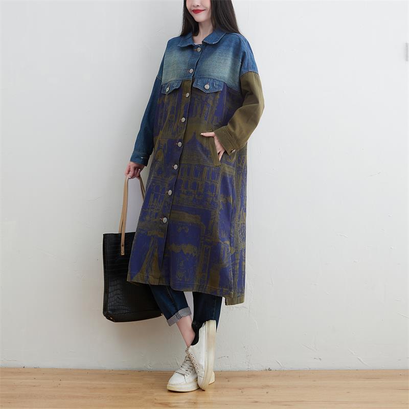 Stylish Knee-Length Patchwork Denim Trench Coat for All Seasons