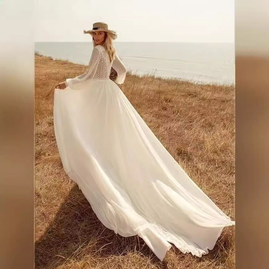 Deep V-Neck Long Sleeve Bridal Wedding Dress
