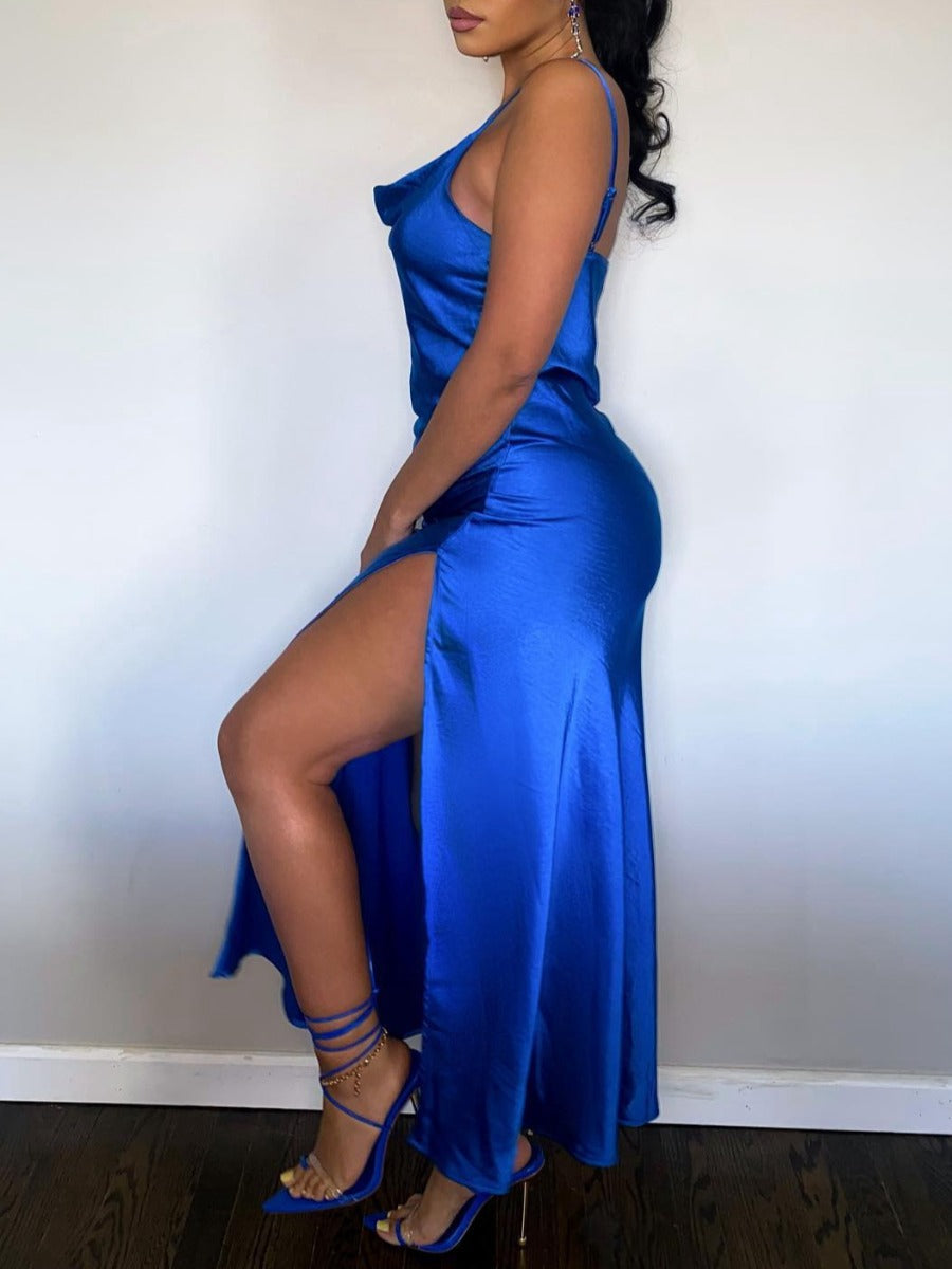 Satin Cowl Neck High Slit Slip Maxi Dress 4