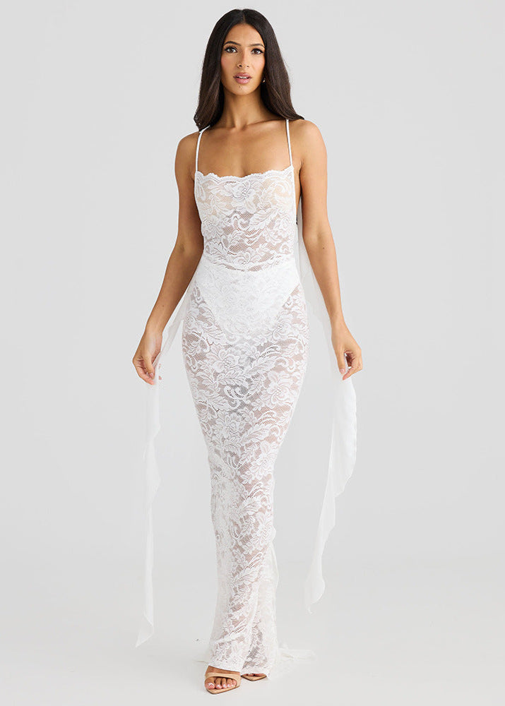 Celestine Sheer Lace Backless Maxi Dress