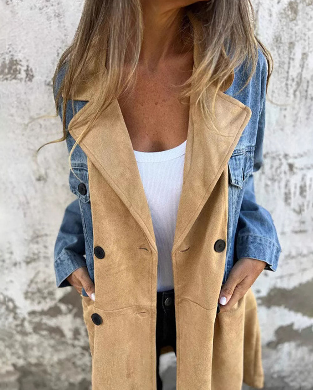 Mid-Length Denim Patchwork Coat with Elegant Suit Collar