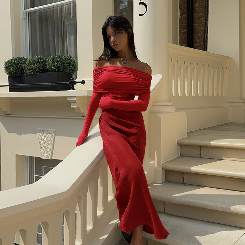 Ruched Off-Shoulder Long-Sleeve Column Maxi Gown 2