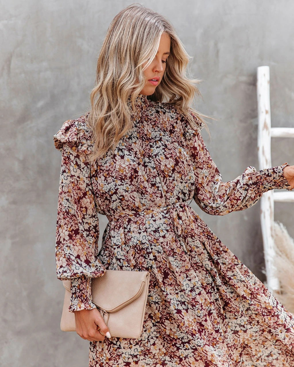 Floral Print High Neck Long Sleeve Tiered Midi Dress