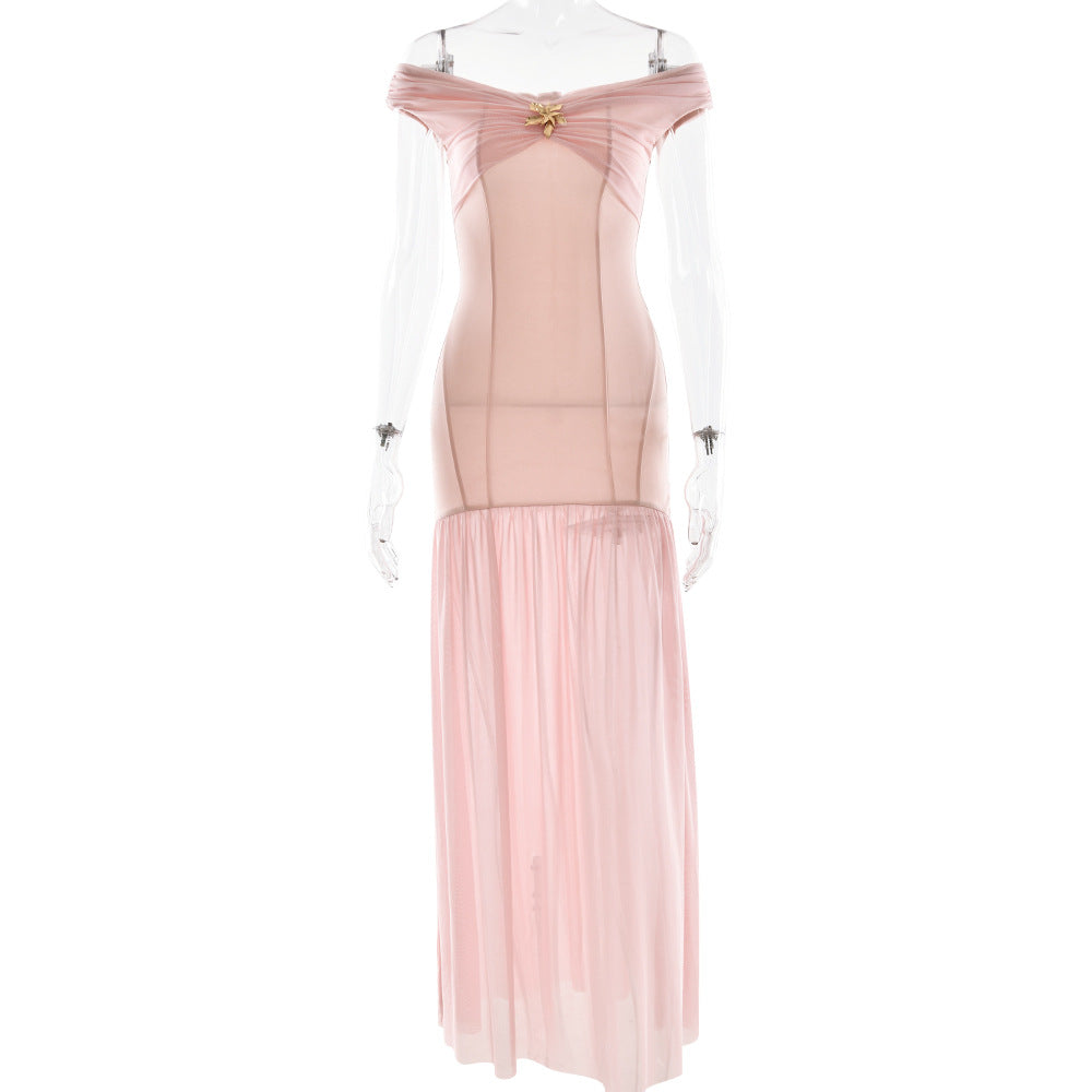 Off-Shoulder Ruched Brooch Drop-Waist Chiffon Maxi Gown 11