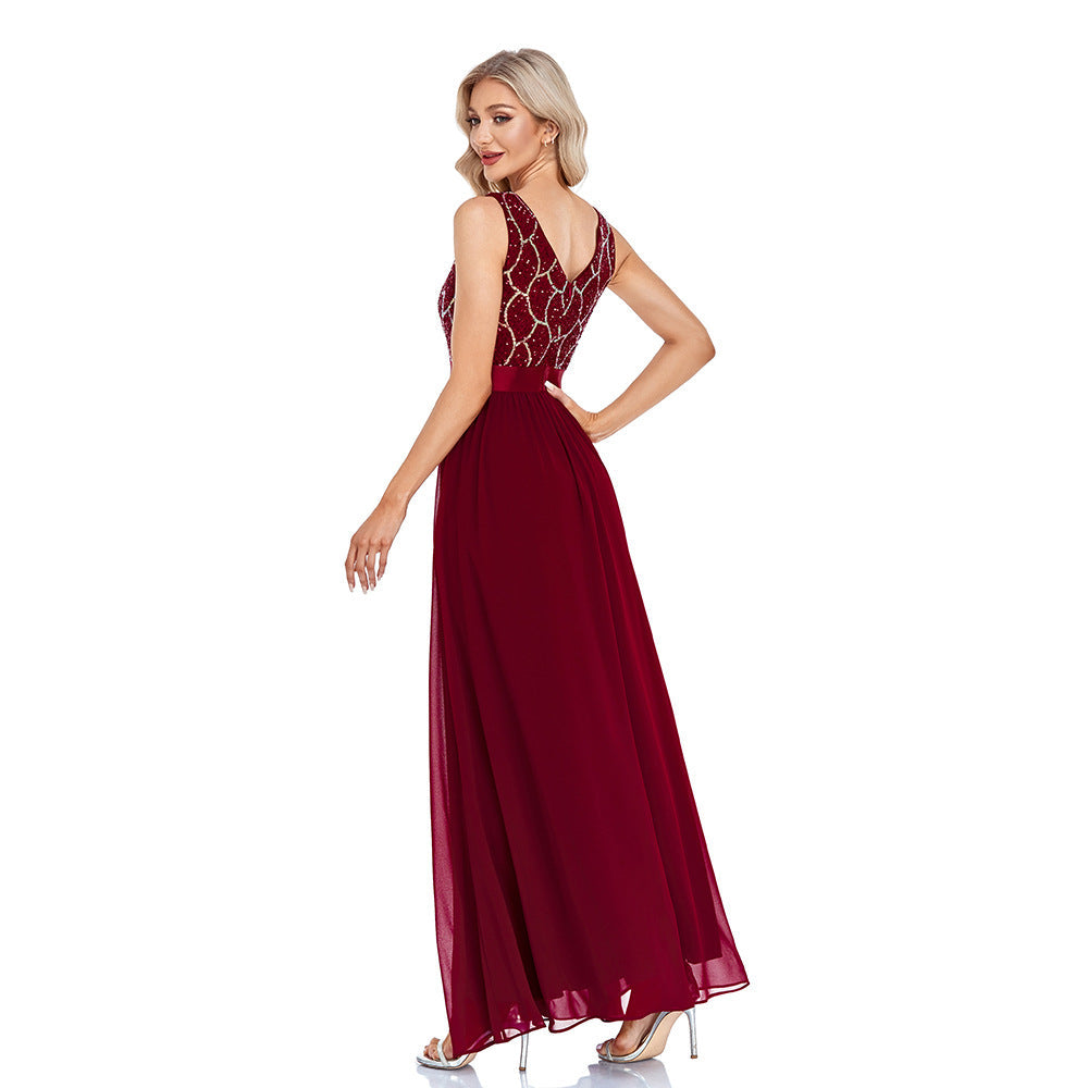 Sequin V-Neck Sleeveless Chiffon A-Line Maxi Gown - View 2