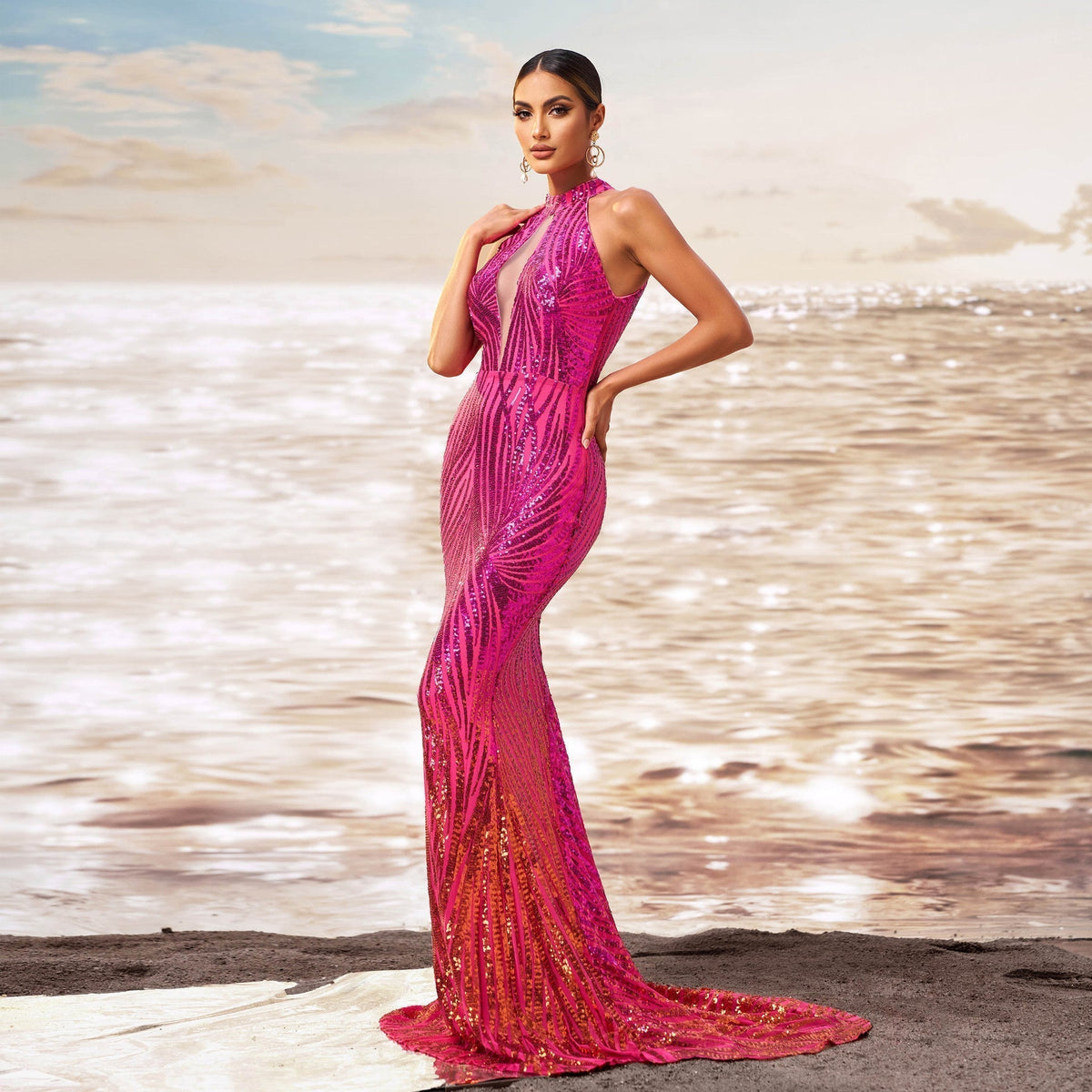 Sequin Halter Neck Keyhole Cut Out Mermaid Flared Hem Formal Gown - View 6