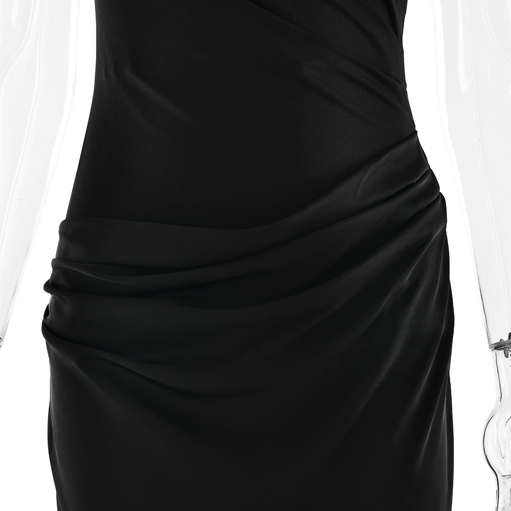 One-Shoulder Ruched Satin Bias Column Maxi Dress 15