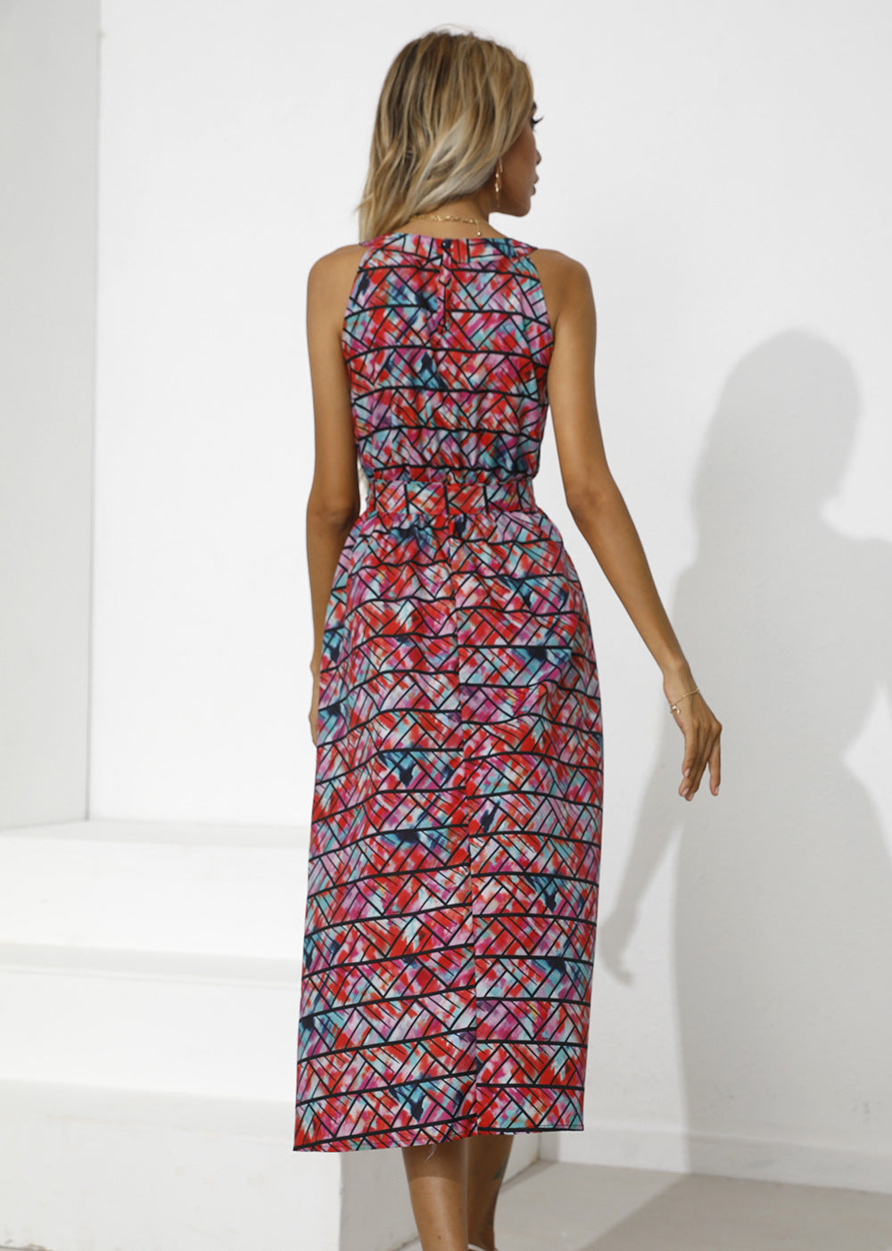 Abstract Print Sleeveless Tie Waist Midi Dress