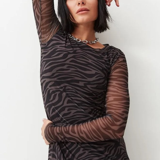 Leopard Print Long Sleeve Mesh Midi Dress