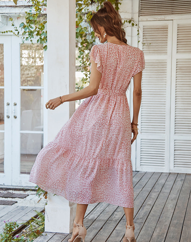 Floral Print V-Neck Flutter Sleeve Wrap Midi Dress