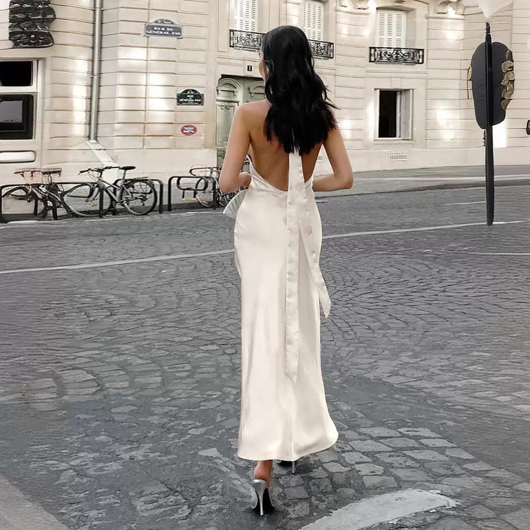 Satin Halterneck Cross-Front Cutout Backless Slit Maxi Dress 8