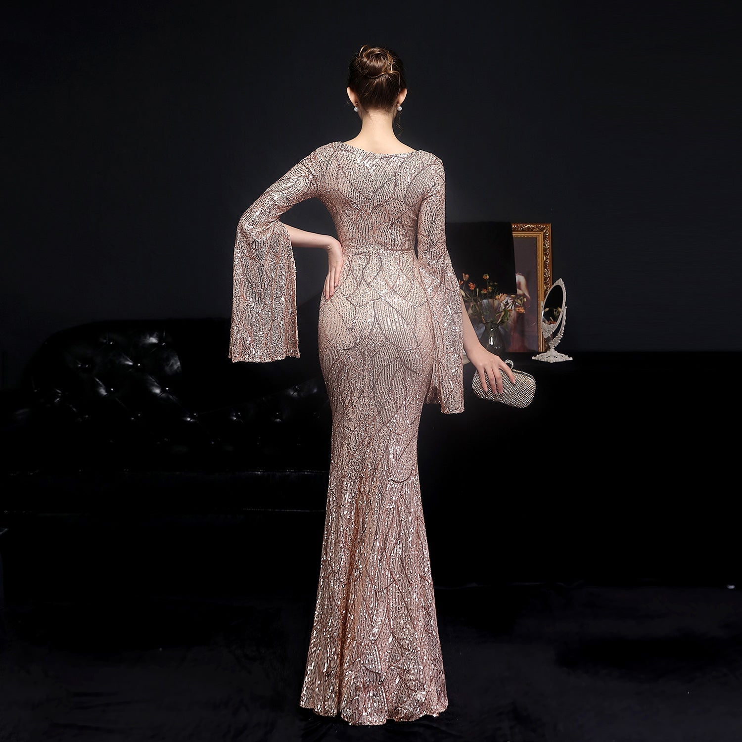 Natalie Open Sleeve Formal Sequined Mermaid Dress - Fashionpara