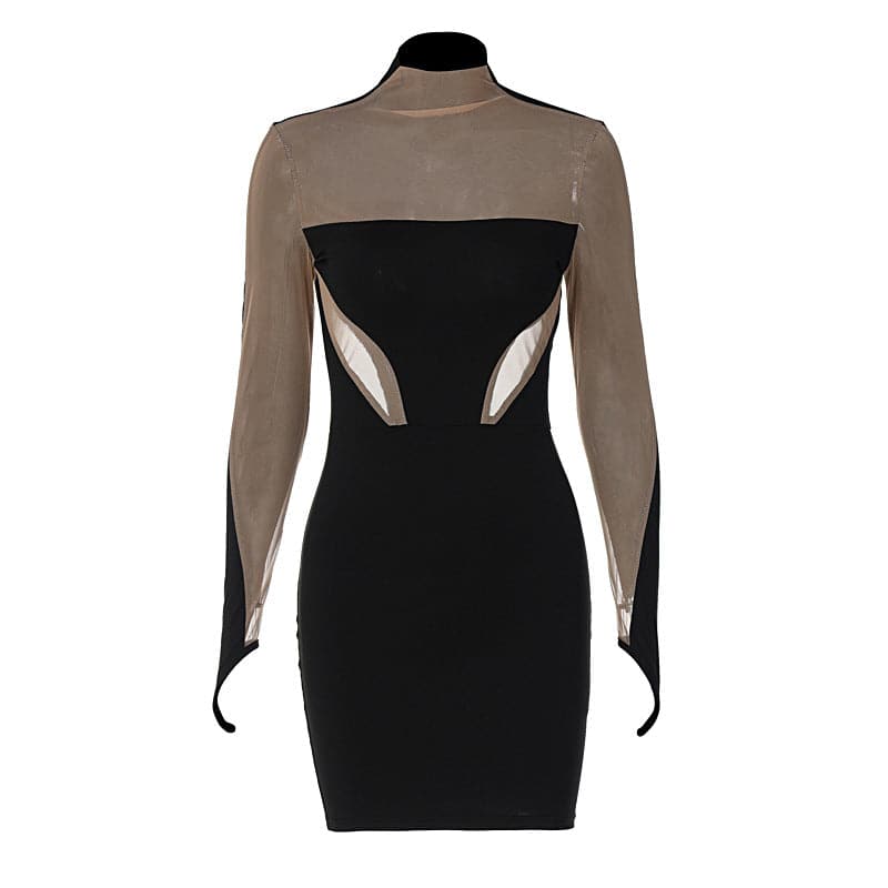Mesh patchwork contrast gloves high neck mini dress - View 10