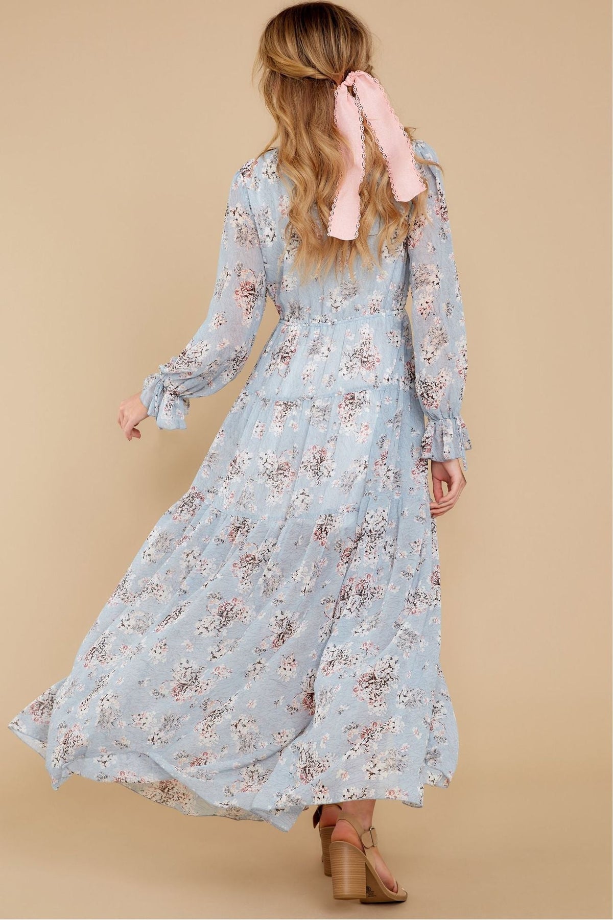 Floral Print V-Neck Long Sleeve Button Front Maxi Dress