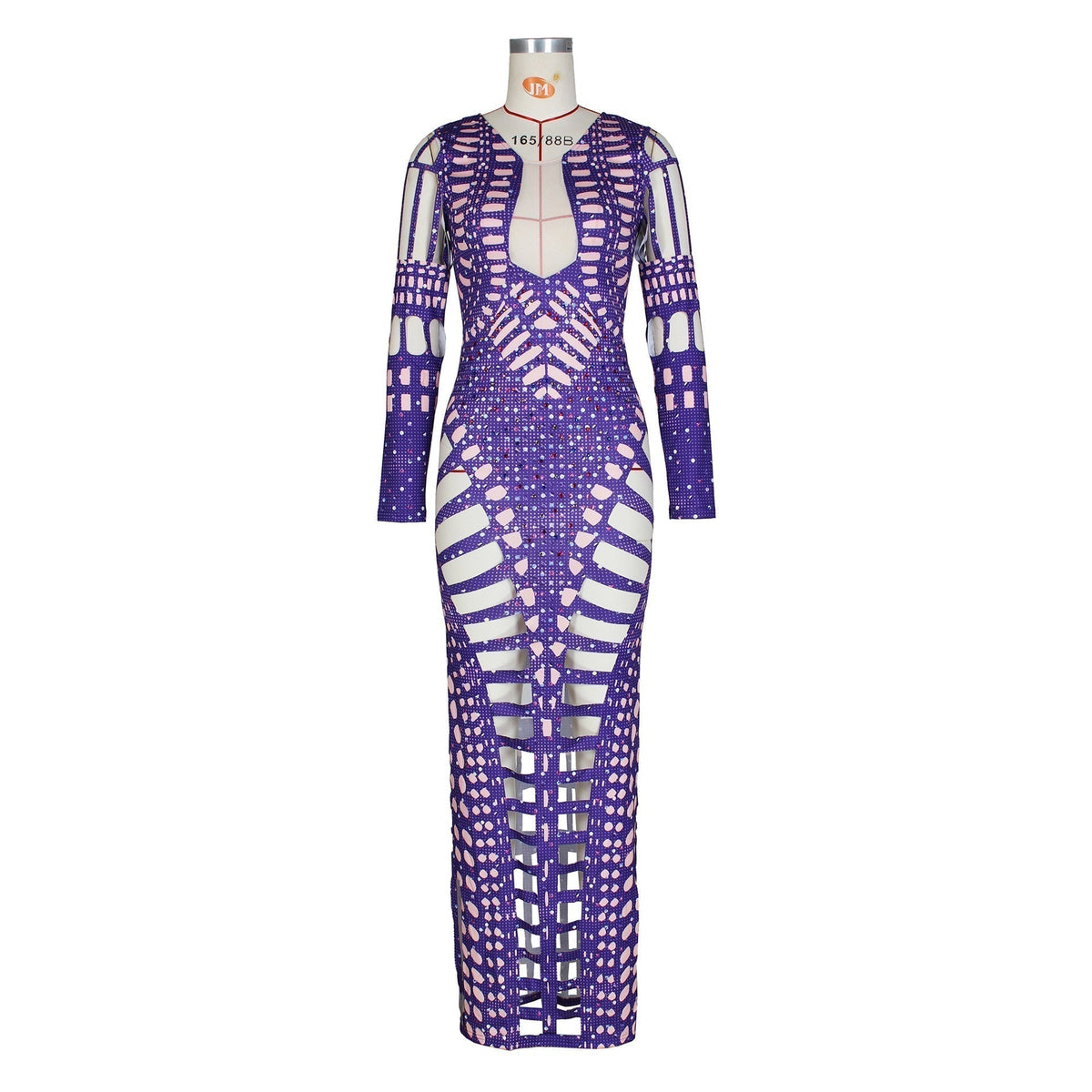 Sequin Deep V-Neck Mesh Panel Lattice Cut Out Long Sleeve Maxi Gown - View 5