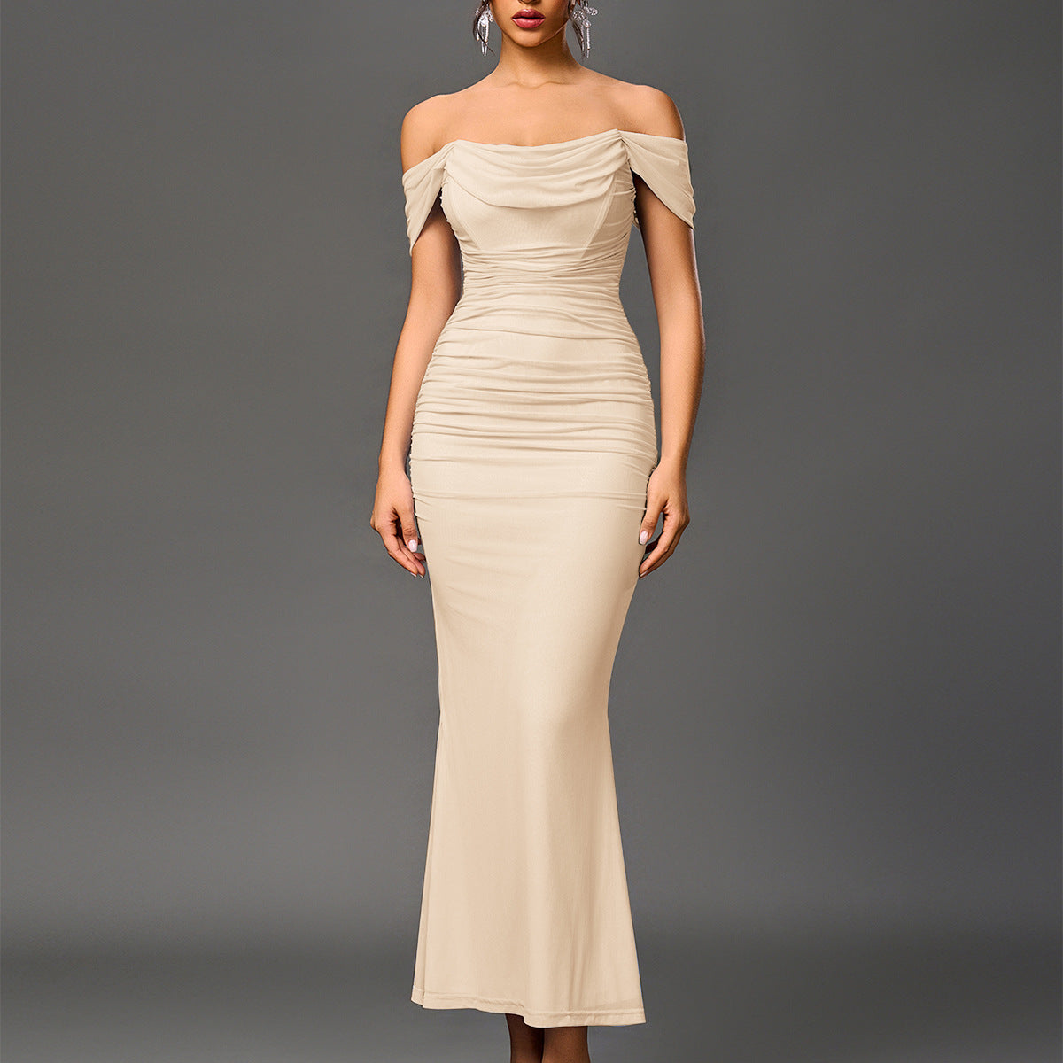 Off Shoulder Ruched Bodycon Mermaid Maxi Dress 20