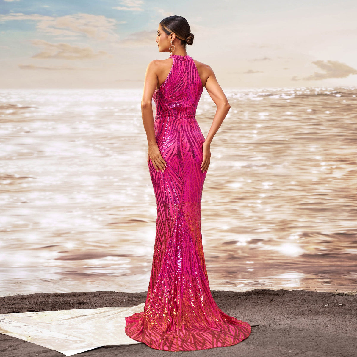 Scroll-Sequin Off-Shoulder Slit Mermaid Gown 5