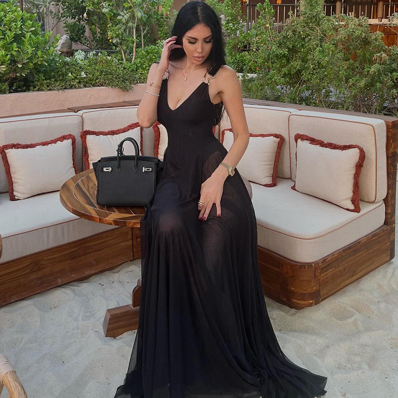 Slim V neck Backless Strap Mesh Dress - View 4