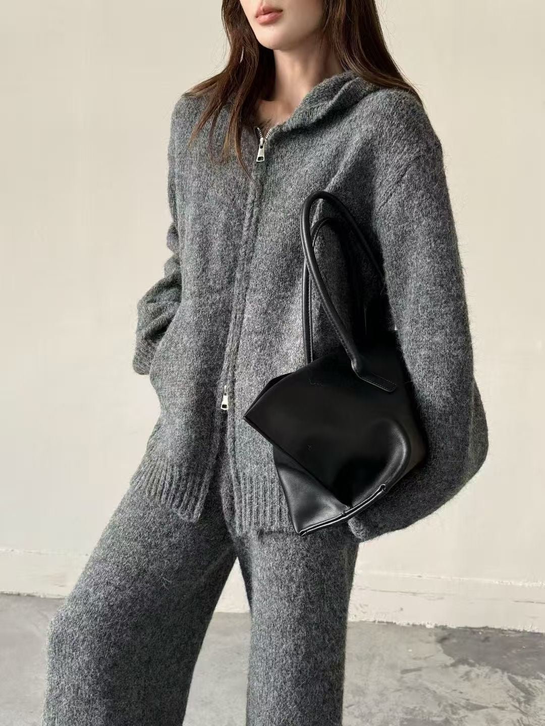 Thick Knit Hooded Cardigan and Wide-Leg Pants Set
