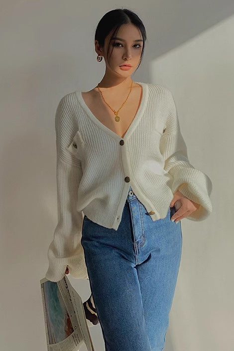 Rib-Knit Buttoned V Neck Sweater Cardigan for Everyday Style