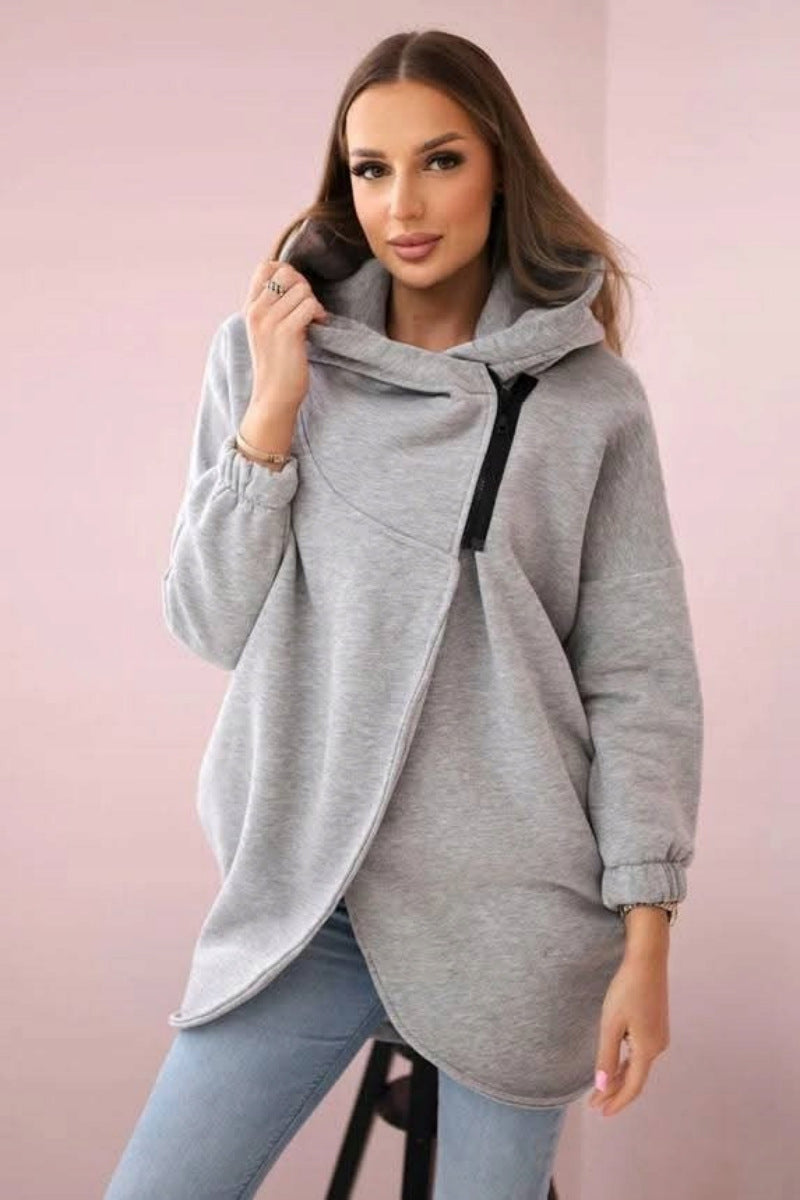 Chic Asymmetric Zip-Up Hooded Fleece Sweatshirt Coat