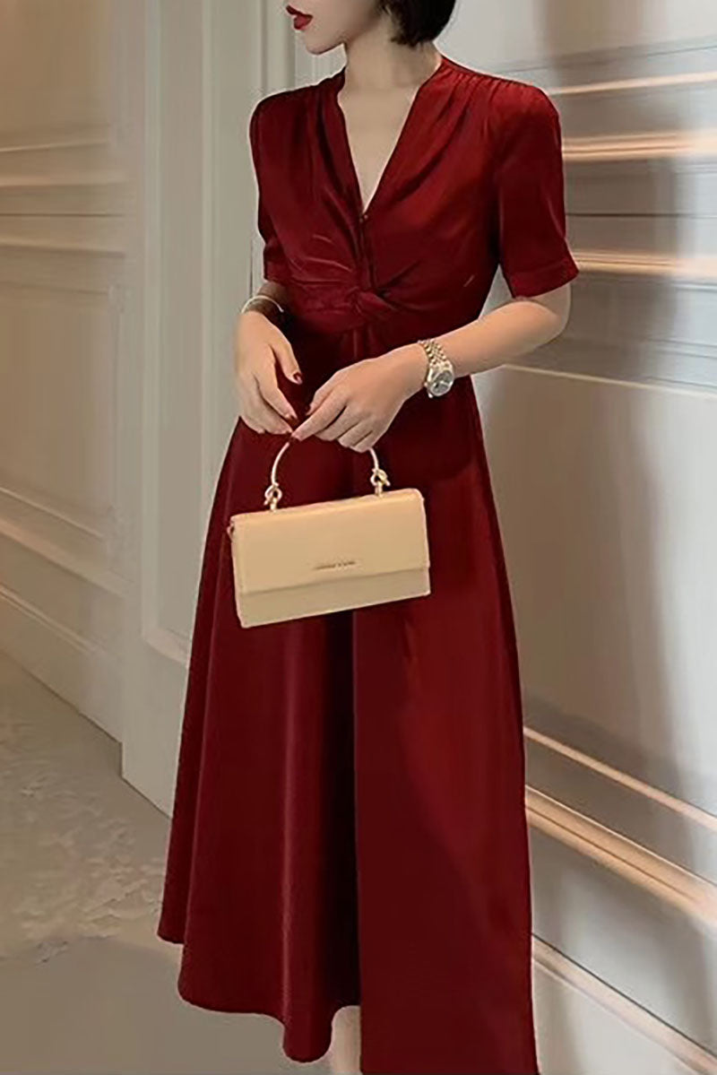 Satin V-neck Short Sleeve Midi A-line Dress - Fashionpara