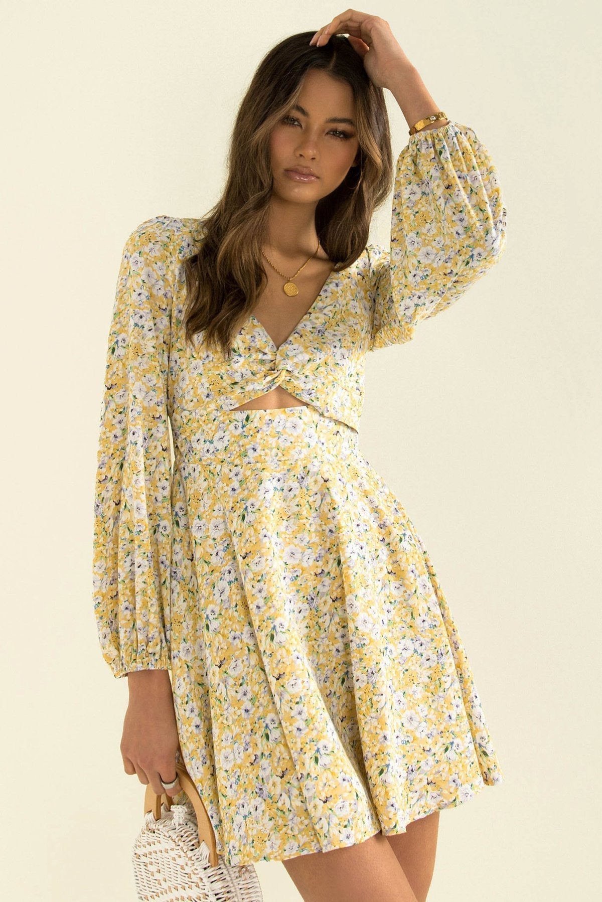 Floral Print Twist Front Cutout Puff Sleeve Mini Dress 6
