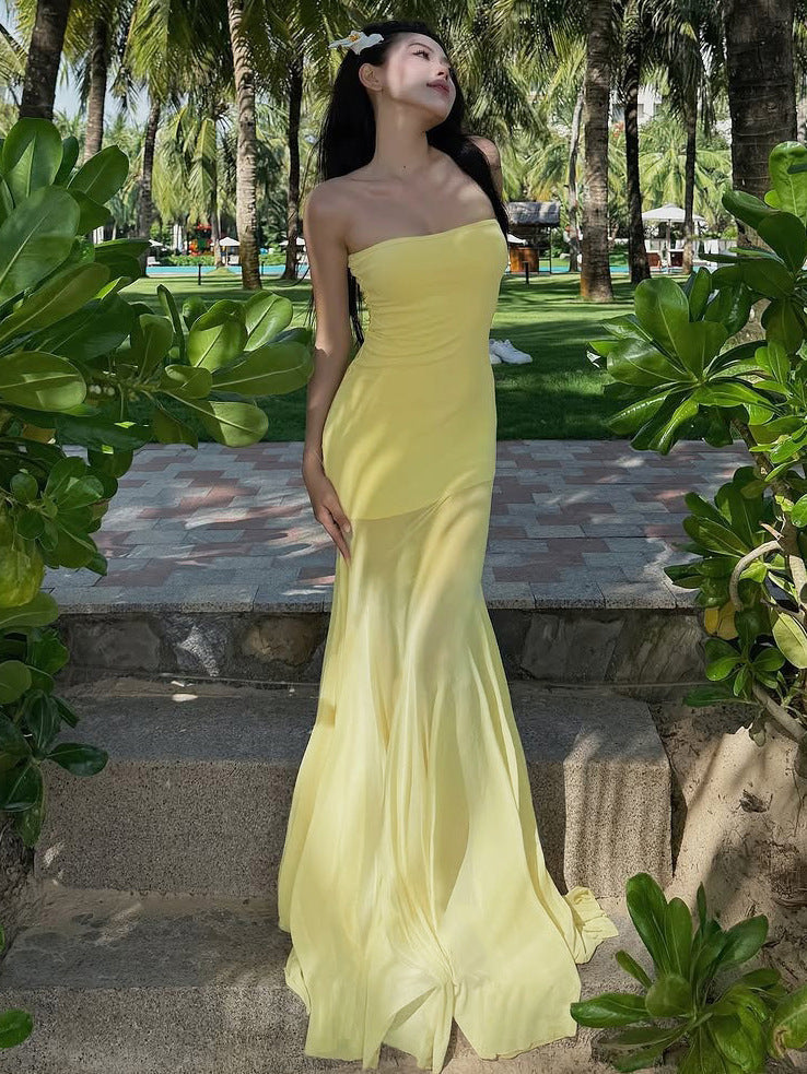 Strapless Bodycon Sheer-Skirt Mermaid Maxi Dress