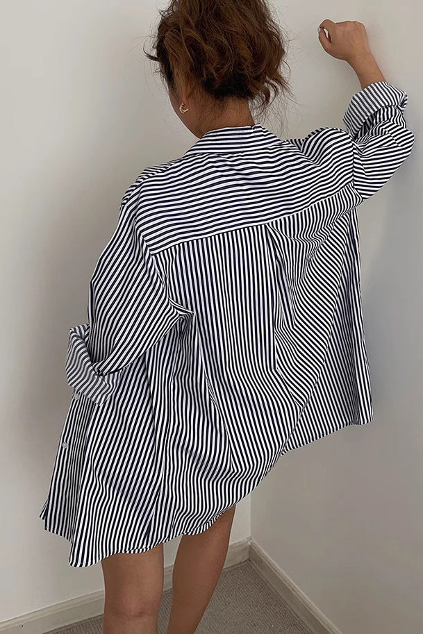 Striped Print Outwear Shirts and Drawstring Waist Shorts Two Piece Set