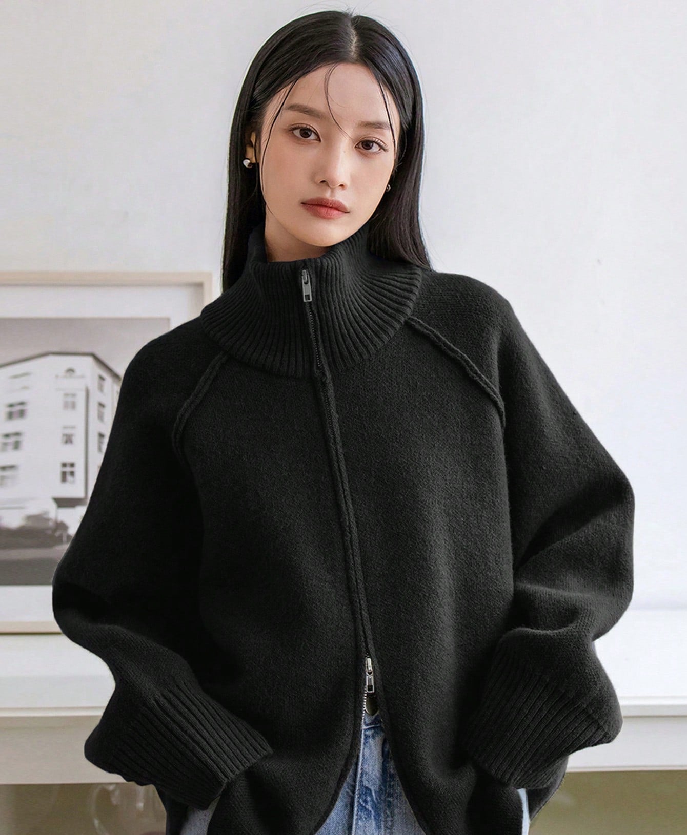 Cozy Zippered Knitted Cardigan with Stand Collar Design