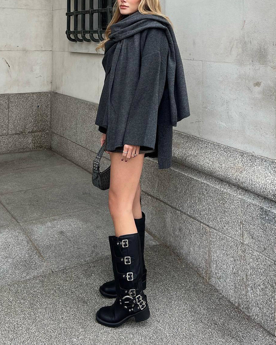 ShoptheCIC Cropped Knitted Jacket with Asymmetric Scarf Detail