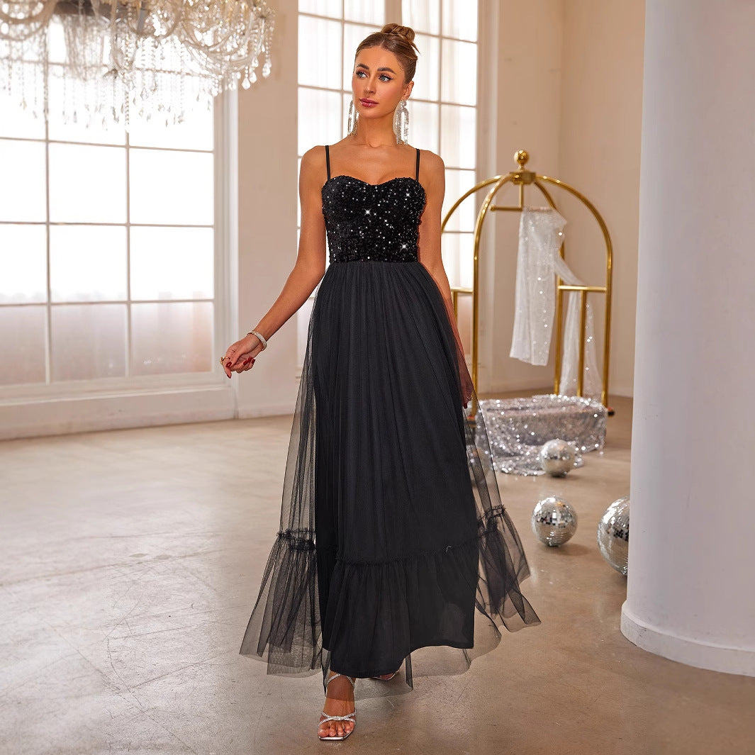 Sequin Sweetheart Spaghetti Strap Mesh Tiered Ruffle Maxi Gown