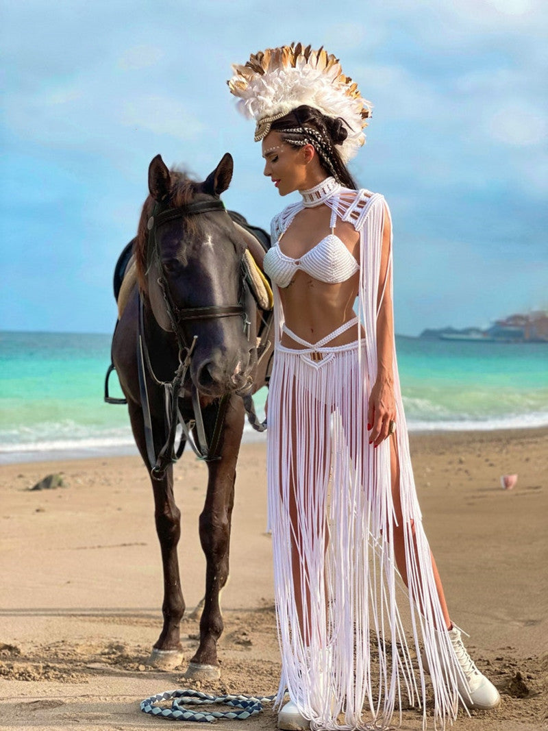 Crochet Fringe Tassel Sheer Beach Cover-Up Maxi Dress