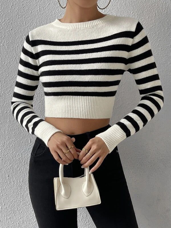 Chic Striped Cropped Crewneck Knit Sweater for Stylish Comfort
