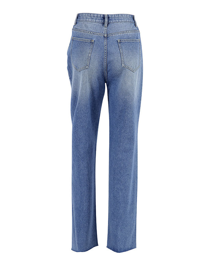 High-Waisted Frayed Hem Loose Fit Straight Leg Jeans