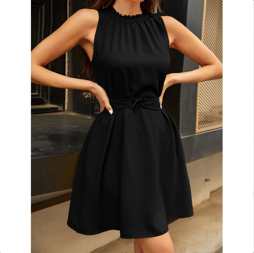 Frill Neck Sleeveless Belted Shift Mini Dress