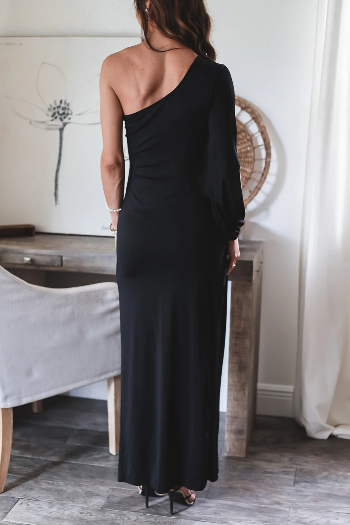 One Shoulder Long Sleeve Ruched Slit Gown