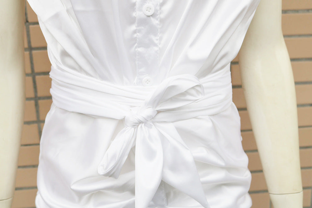 Satin Collared Short Sleeve Button Front Ruched Midi Dress