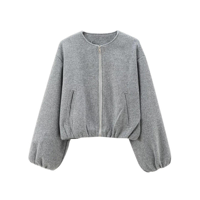 Zip Front Balloon Sleeve Cropped Bomber Jacket 6