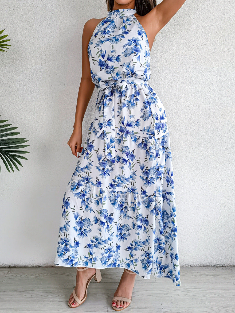 Floral Print Halter Neck Tie Waist Midi Dress 4