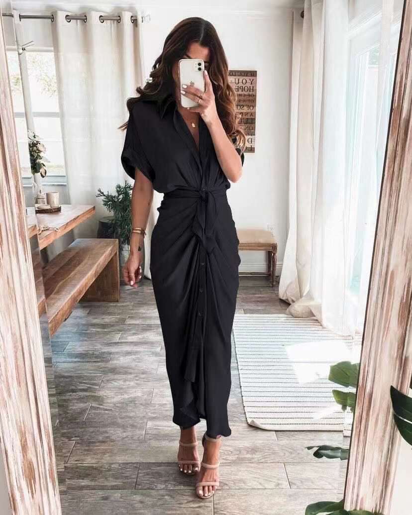 Meryl Satin Tie Front Midi Dress Black - View 2